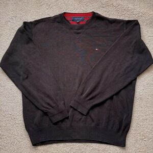 Tommy Hilfiger Mens XL Brown Cotton Knit Crewneck Sweater Flag Logo Ribbed Trim